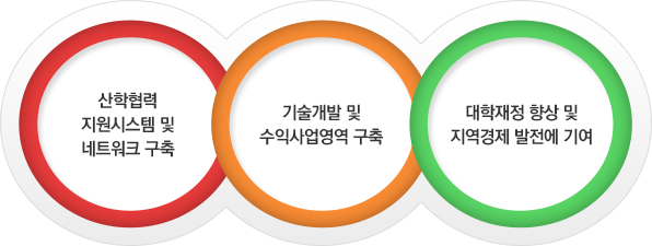 목표-산학협력지원시스템 및네트워크 구축, 기술개발 및수익사업영역 구축, 대학재정 향상 및지역경제 발전에 기여