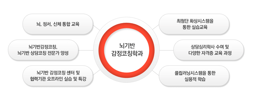 뇌기반 감정코칭학과 뇌,정서,신체 통합적 이론교육 뇌기반감정코칭 전문가 양성 뇌기반감정코칭 센터에서 오프라인 실습 및 특강 최첨단 화상시스템을 통한 실습교육 상담심리학사 수여 및 자격증교육과정 플립러닝시스템을 통한 실용적 학습