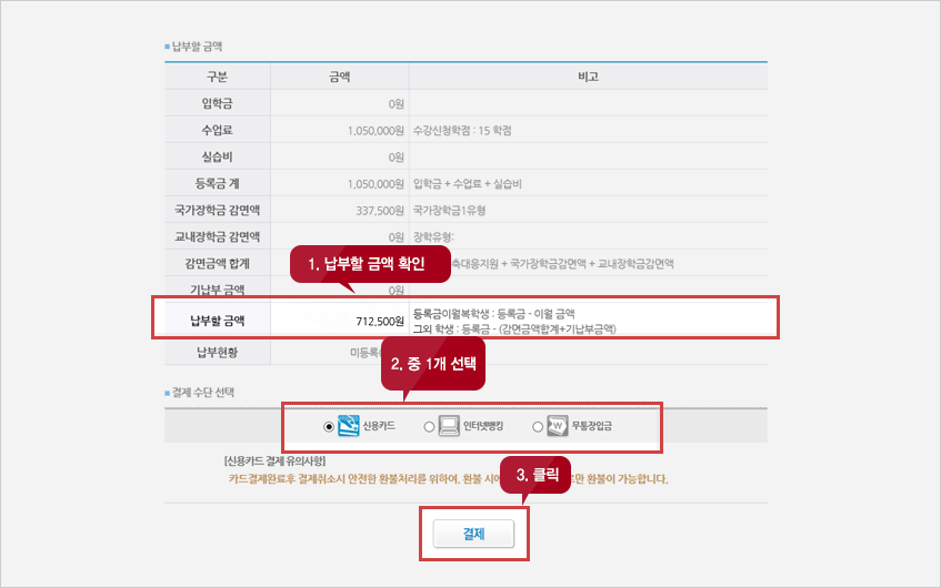 1.납부할 금액 확인 2.중 1개 선택 3.결제 클릭